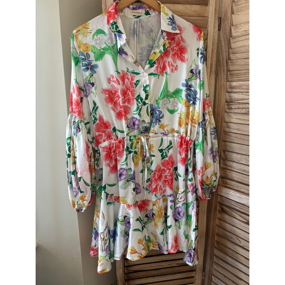 Lavender J Floral Garden Long Sleeve Mini Dress White Multi Button Down L